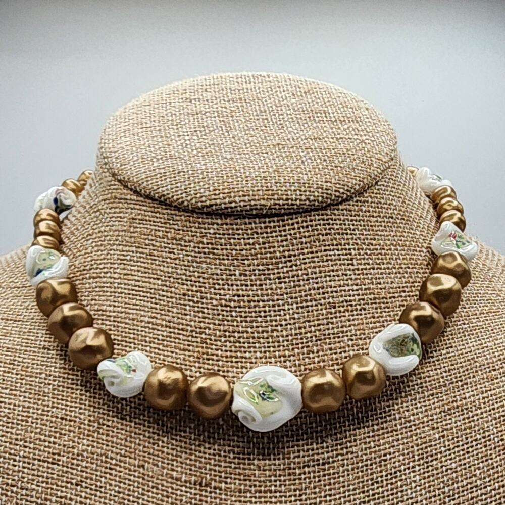 Vintage Gold Baroque Faux Pearl Swirled Art Milk Glass Nugget Choker Rockabilly